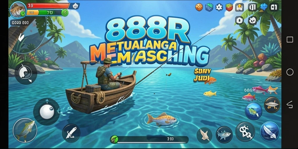 Tampilan gameplay <strong>888R</strong> saat memancing di danau yang indah.