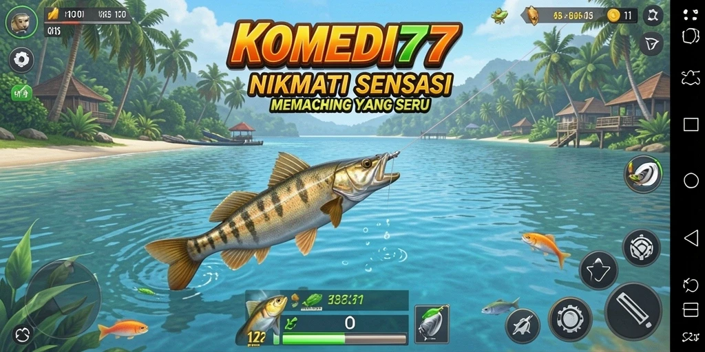 Screenshot menunjukkan aksi memancing seru dalam game KOMEDI77.