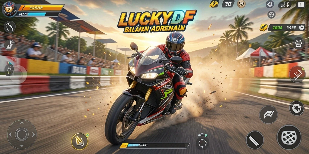 Tampilan atraktif dari gameplay balapan motor LUCKYDF.